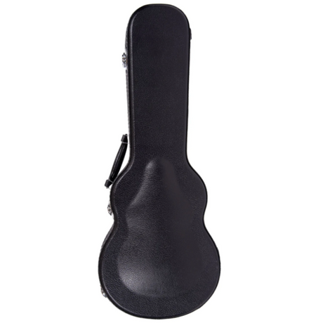 The image shows a black hard shell guitar case with a classic silhouette shaped to fit a guitar's body and neck. It has a black exterior, metal latches for secure closure, and a black handle for carrying. This protective case is designed to safely transport and protect a guitar from impacts, weather, and damage during travel or storage.
