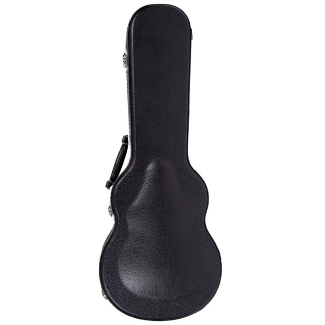 The image shows a black hard shell guitar case with a classic silhouette shaped to fit a guitar's body and neck. It has a black exterior, metal latches for secure closure, and a black handle for carrying. This protective case is designed to safely transport and protect a guitar from impacts, weather, and damage during travel or storage.