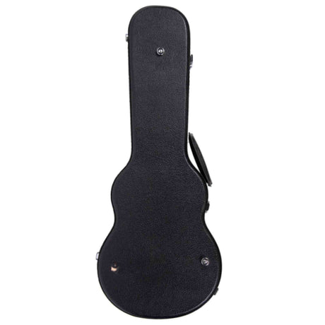 The image shows a black hardshell guitar case with a classic guitar shape featuring a narrow neck and wider body. It has a textured exterior, metal latches for secure closure, a side carrying handle, and visible metal studs for reinforcement. This durable case is designed to protect guitars during transport and offers more security than soft gig bags.