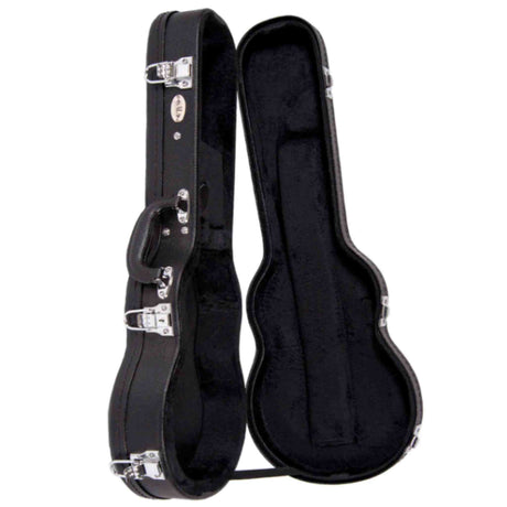 The image shows a black hard-shell guitar case with a textured exterior and chrome hardware, including latches and a handle. It is open to reveal a black plush, form-fitted interior designed to securely hold an acoustic guitar. Made with professional-grade construction, the case offers sturdy protection for safe transport and storage of the instrument.