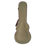 The image shows a hard shell guitar case with a green/olive textured exterior, brown leather-like trim, a side carrying handle, and metal latches. The case has a guitar-shaped silhouette with a curved body and elongated neck section, designed to protect and transport a guitar. This durable case offers superior protection compared to soft gig bags, making it ideal for musicians seeking to safeguard their instruments from damage.