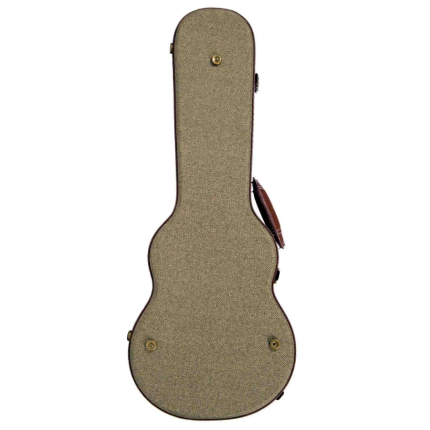 The image shows a hard shell acoustic guitar case with a classic guitar shape. It has a textured olive green or sage fabric exterior, dark brown leather trim, and multiple brass or gold-colored metal latches for secure closure. The case is sturdy and designed to protect guitars from damage, moisture, and temperature changes, making it ideal for musicians who need reliable protection during travel or storage.