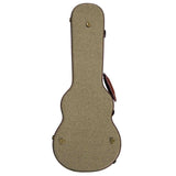 The image shows a hard shell acoustic guitar case with a classic guitar shape. It has a textured olive green or sage fabric exterior, dark brown leather trim, and multiple brass or gold-colored metal latches for secure closure. The case is sturdy and designed to protect guitars from damage, moisture, and temperature changes, making it ideal for musicians who need reliable protection during travel or storage.