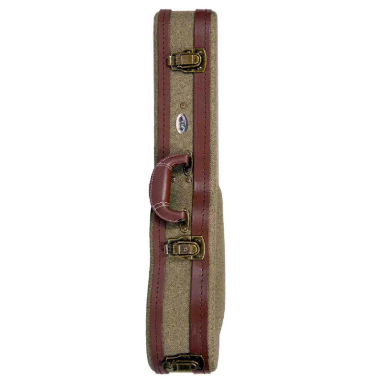 The image shows a vintage-style rectangular musical instrument case with rounded corners, featuring a tan tweed-like body and brown leather trim. It has two brass latches, a central brown leather handle, and a small badge. Designed for string instruments like violins, the hard case offers secure, stylish protection, reflecting either genuine vintage or vintage-inspired craftsmanship for serious musicians.