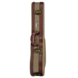 The image shows a vintage-style rectangular musical instrument case with rounded corners, featuring a tan tweed-like body and brown leather trim. It has two brass latches, a central brown leather handle, and a small badge. Designed for string instruments like violins, the hard case offers secure, stylish protection, reflecting either genuine vintage or vintage-inspired craftsmanship for serious musicians.