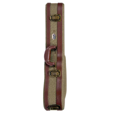 The image shows a vintage-style rectangular musical instrument case with rounded corners, featuring a tan tweed-like body and brown leather trim. It has two brass latches, a central brown leather handle, and a small badge. Designed for string instruments like violins, the hard case offers secure, stylish protection, reflecting either genuine vintage or vintage-inspired craftsmanship for serious musicians.