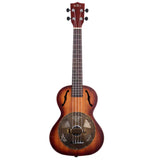 The image shows a Kala resonator ukulele, a hybrid instrument combining ukulele size and tuning with a metal resonator cone typically found on dobro guitars. It features a wooden sunburst body, F-holes, four strings, and tuning pegs. The resonator cone amplifies sound naturally, producing a metallic, bluesy tone ideal for blues, folk, and roots music, blending portability with unique resonator sound.