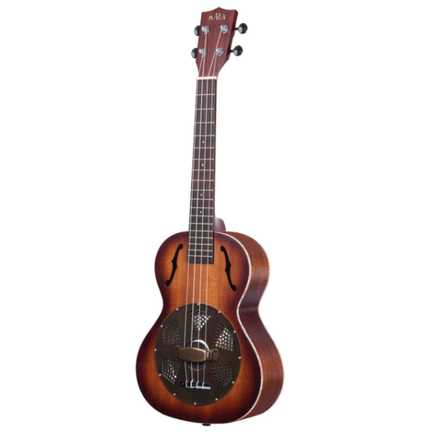 The image shows a resonator ukulele with a small sunburst body featuring f-holes and a metal resonator cone in the center. It has four strings, traditional tuning pegs, a dark fretboard with markers, and a KALA logo on the headstock. This hybrid instrument combines ukulele playability with a bright, metallic tone and increased volume from the resonator technology.