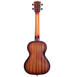 The image shows the back of a classic figure-8 shaped ukulele with a rich brown wood finish and visible grain patterns. It features four tuning pegs on the headstock with black buttons, a smooth finished neck, and a glossy surface. Likely made from quality tonewoods like mahogany, this concert or tenor-sized ukulele appears to be an intermediate to higher-end instrument.
