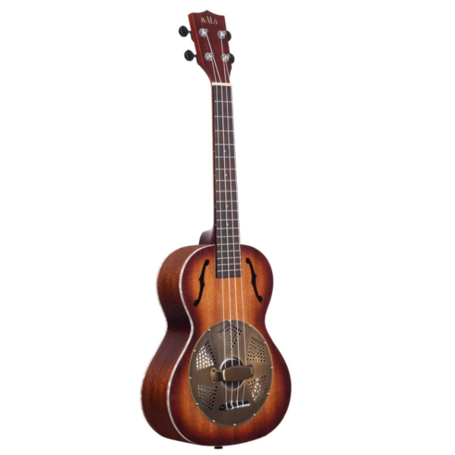 The image shows a resonator ukulele, combining traditional ukulele design with a metal resonator cone for louder, metallic sound. It features a sunburst finish, f-holes on either side of the cone, and a tenor or concert-sized body with four strings. The headstock displays the Kala brand with standard tuning pegs and a dark wood neck with fret markers. This instrument offers portability with enhanced volume and a distinctive tone.