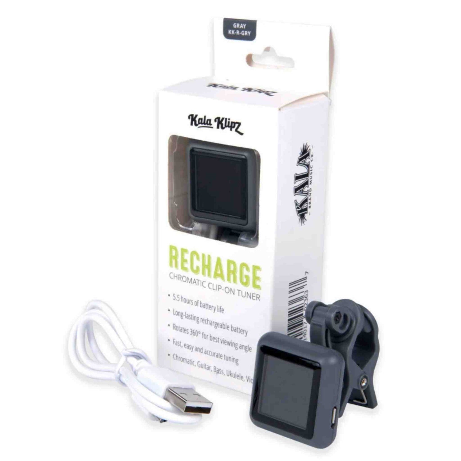 The image shows a gray Kala Klipz "Recharge" chromatic clip-on tuner with a digital display and rotating clamp. It includes a USB charging cable and comes in packaging labeled model KK-R-GRY. Features include 360-degree rotation, chromatic tuning for various string instruments, a 55-hour rechargeable battery, and an eco-friendly design, making it a convenient accessory for accurate, vibration-based tuning.