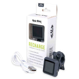 The image shows a gray Kala Klipz "Recharge" chromatic clip-on tuner with a digital display and rotating clamp. It includes a USB charging cable and comes in packaging labeled model KK-R-GRY. Features include 360-degree rotation, chromatic tuning for various string instruments, a 55-hour rechargeable battery, and an eco-friendly design, making it a convenient accessory for accurate, vibration-based tuning.
