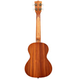 The image shows the back of a ukulele with four white tuning pegs on a reddish-brown, glossy wood body. It features a classic figure-8 shape, likely concert or tenor size, with smooth wood grain and traditional construction. The instrument, known for its Hawaiian origins, is popular for its compact size, four strings, and ease of play. The craftsmanship appears high quality with a clean, polished finish.
