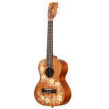 The image shows a beautiful wooden ukulele with a warm mahogany finish. It features an elegant floral laser-engraved design with hibiscus flowers, reflecting a Hawaiian aesthetic. This concert or tenor-sized instrument has a dark fretboard with markers, four tuning pegs with cream buttons, a traditional round sound hole, and a bridge. The "KALA" brand name is visible on the headstock.