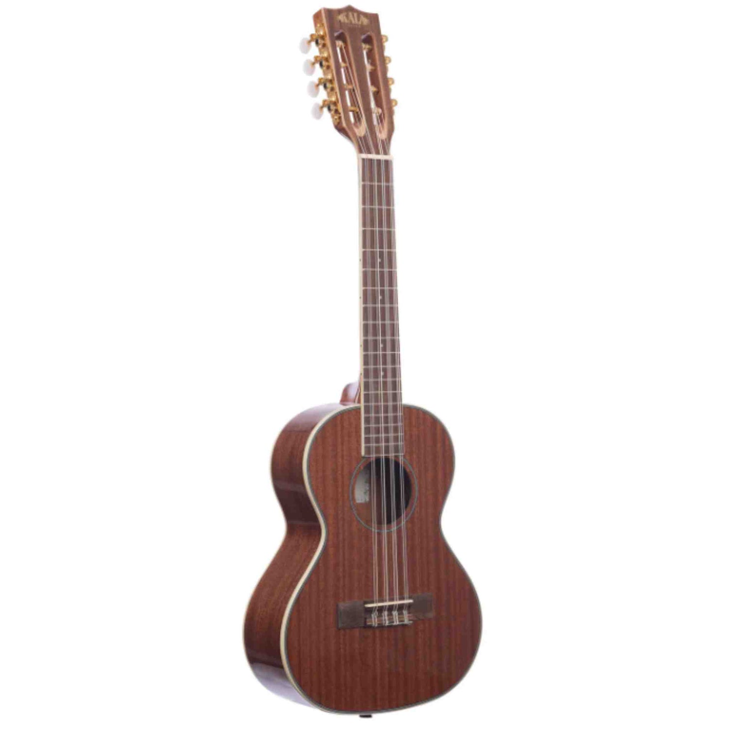 The image shows a tenor or concert-sized ukulele with a rich dark wood body, light binding, and a traditional figure-8 shape. It has four strings, eight tuning pegs on the headstock, a central sound hole, a wooden bridge, and frets along the neck. The instrument’s quality is evident in its wood grain and finish. Ukuleles are small, guitar-family instruments known for their bright, cheerful sound, popular in Hawaiian and folk music.