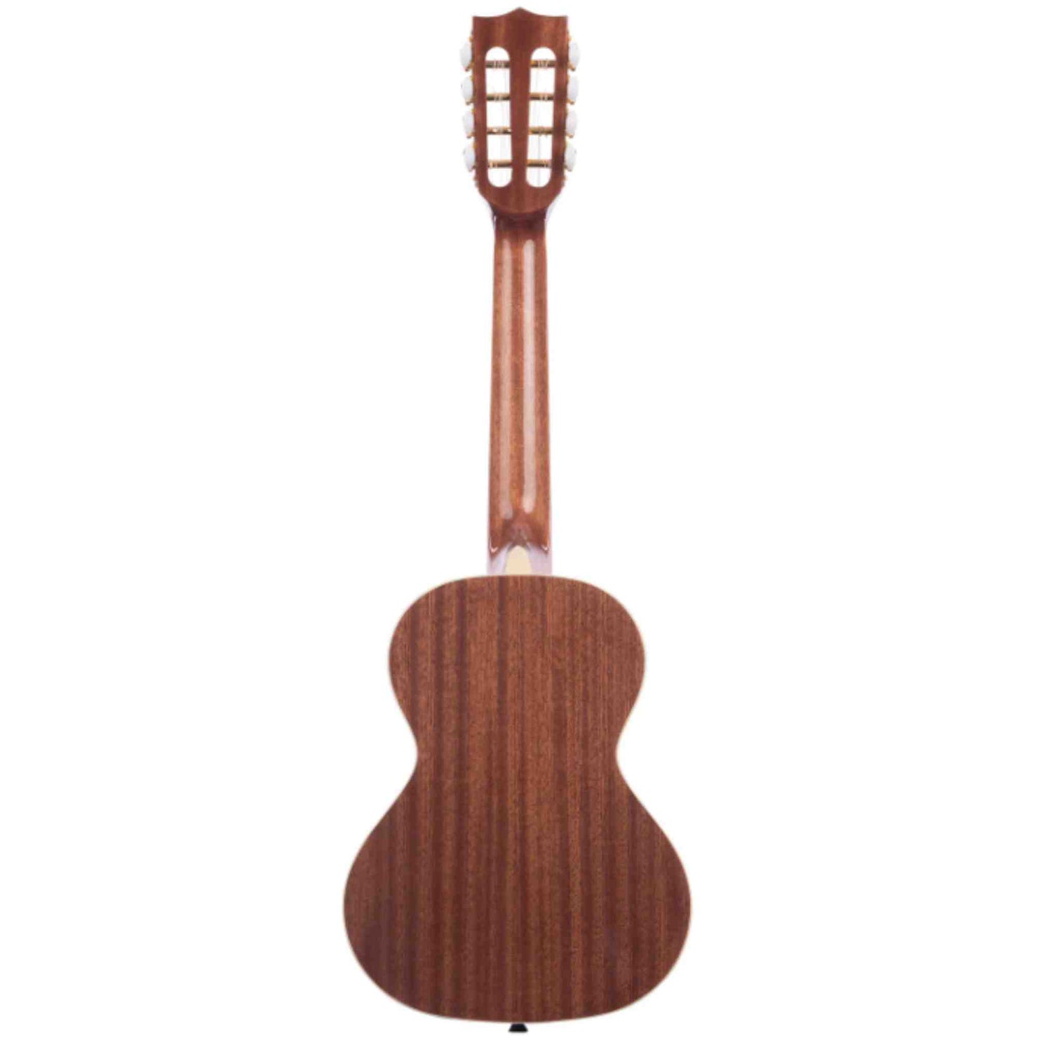 The image shows the back of a classical guitar featuring a slotted headstock, traditional figure-8 body shape, and warm-toned wood with visible grain, likely mahogany. It has a typical neck heel joint and a natural wood finish that highlights the grain. The design and construction suggest it is a well-crafted classical guitar suitable for classical, flamenco, or fingerstyle playing.