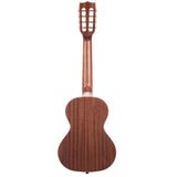 The image shows the back of a classical guitar featuring a slotted headstock, traditional figure-8 body shape, and warm-toned wood with visible grain, likely mahogany. It has a typical neck heel joint and a natural wood finish that highlights the grain. The design and construction suggest it is a well-crafted classical guitar suitable for classical, flamenco, or fingerstyle playing.