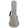 The image shows a guitar case with a hardshell or semi-rigid structure covered in light gray fabric, likely canvas. It features a classic guitar shape, a black side handle, and metal latches for secure closure. Designed to protect and transport guitars, the case offers durable protection from impacts, weather, and dust, making it a practical and affordable accessory for guitarists.