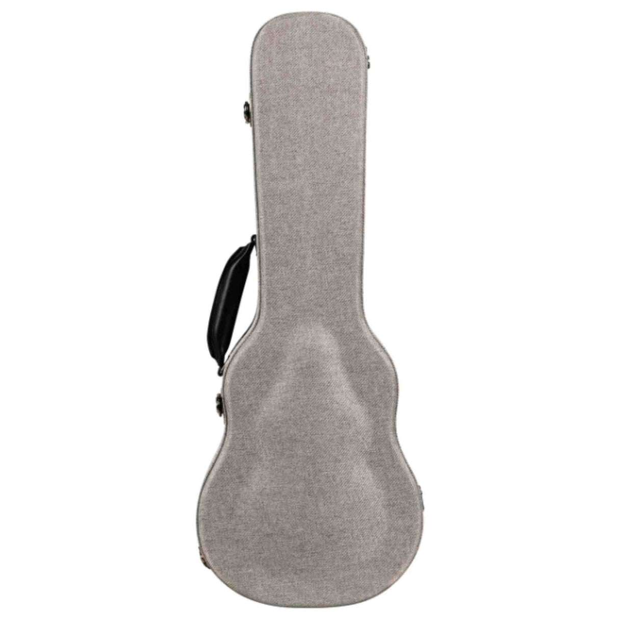 The image shows a guitar case with a hardshell or semi-rigid structure covered in light gray fabric, likely canvas. It features a classic guitar shape, a black side handle, and metal latches for secure closure. Designed to protect and transport guitars, the case offers durable protection from impacts, weather, and dust, making it a practical and affordable accessory for guitarists.