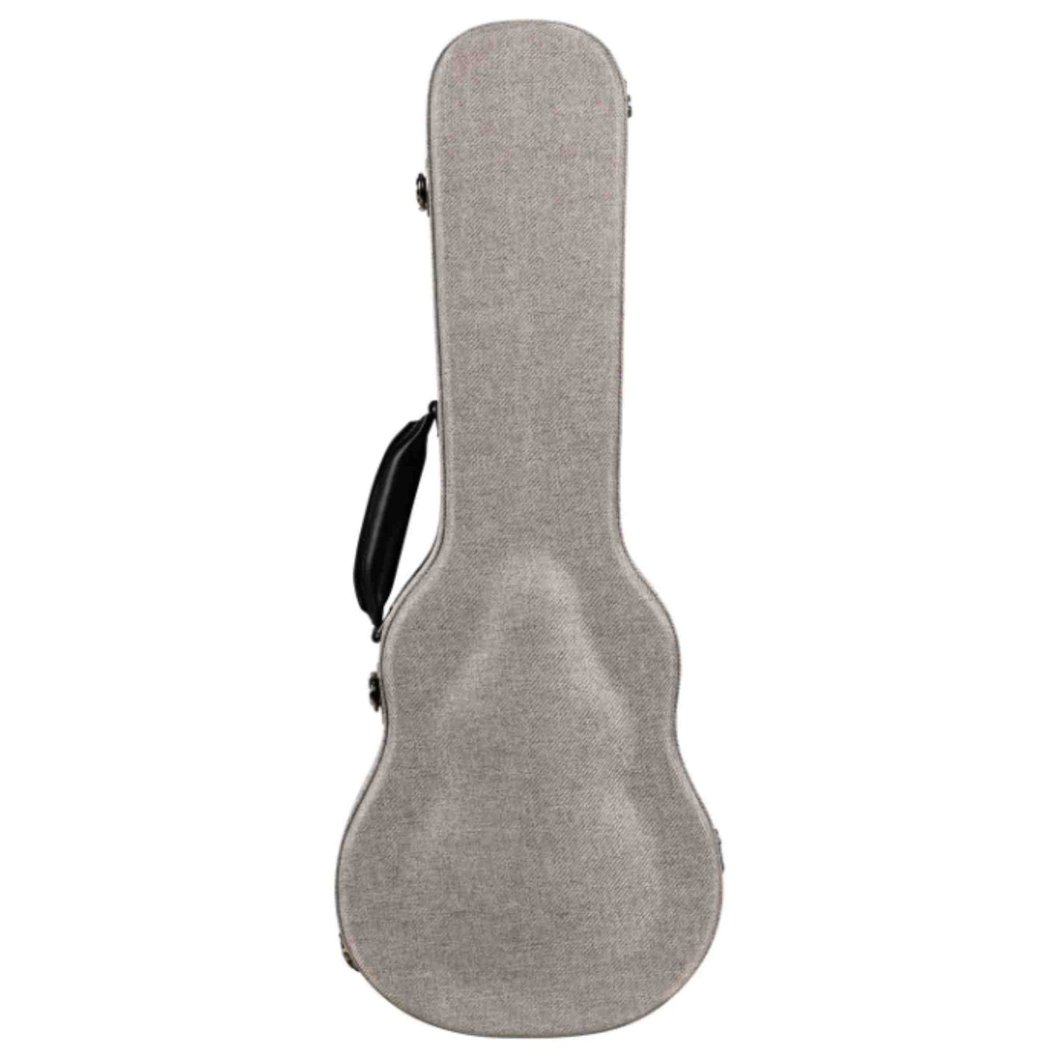 The image shows a guitar case with a hardshell or semi-rigid structure covered in light gray fabric, likely canvas. It features a classic guitar shape, a black side handle, and metal latches for secure closure. Designed to protect and transport guitars, the case offers durable protection from impacts, weather, and dust, making it a practical and affordable accessory for guitarists.