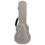 The image shows a guitar case with a hardshell or semi-rigid structure covered in light gray fabric, likely canvas. It features a classic guitar shape, a black side handle, and metal latches for secure closure. Designed to protect and transport guitars, the case offers durable protection from impacts, weather, and dust, making it a practical and affordable accessory for guitarists.