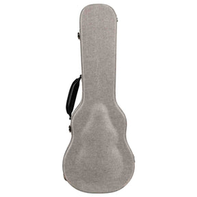 The image shows a guitar case with a hardshell or semi-rigid structure covered in light gray fabric, likely canvas. It features a classic guitar shape, a black side handle, and metal latches for secure closure. Designed to protect and transport guitars, the case offers durable protection from impacts, weather, and dust, making it a practical and affordable accessory for guitarists.