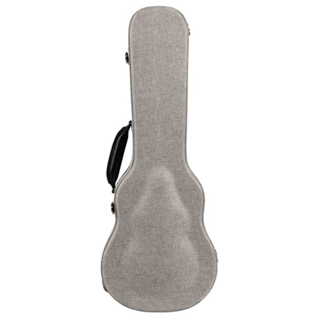 The image shows a guitar case with a hardshell or semi-rigid structure covered in light gray fabric, likely canvas. It features a classic guitar shape, a black side handle, and metal latches for secure closure. Designed to protect and transport guitars, the case offers durable protection from impacts, weather, and dust, making it a practical and affordable accessory for guitarists.