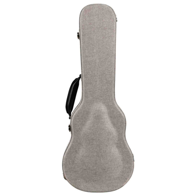 The image shows a guitar case with a hardshell or semi-rigid structure covered in light gray fabric, likely canvas. It features a classic guitar shape, a black side handle, and metal latches for secure closure. Designed to protect and transport guitars, the case offers durable protection from impacts, weather, and dust, making it a practical and affordable accessory for guitarists.