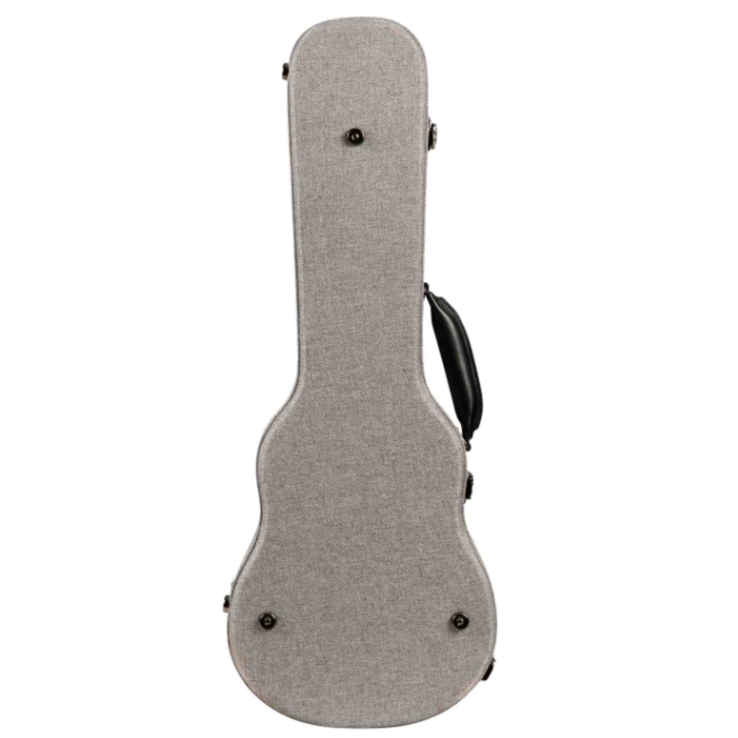 The image shows a hard shell guitar case with a light gray, textured exterior designed for an acoustic or classical guitar. It features multiple metal latches, a black side handle, rounded edges, and a durable construction for superior protection. This professional-looking case offers secure transport and weather resistance, making it ideal for both amateur and professional guitarists.