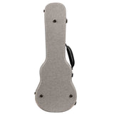 The image shows a hard shell guitar case with a light gray, textured exterior designed for an acoustic or classical guitar. It features multiple metal latches, a black side handle, rounded edges, and a durable construction for superior protection. This professional-looking case offers secure transport and weather resistance, making it ideal for both amateur and professional guitarists.