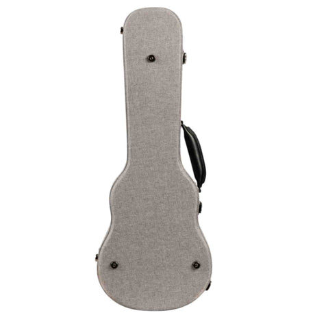 The image shows a hard shell guitar case with a light gray, textured exterior designed for an acoustic or classical guitar. It features multiple metal latches, a black side handle, rounded edges, and a durable construction for superior protection. This professional-looking case offers secure transport and weather resistance, making it ideal for both amateur and professional guitarists.