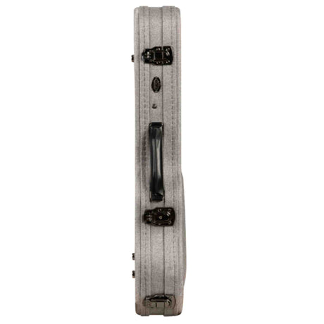 The image shows a hard, light gray or silver textured case for a stringed instrument, likely a violin or viola. It features black metal latches and hardware, with a black side handle for carrying. The elongated rectangular shape and sturdy construction suggest it is a protective case designed to safely transport and store valuable bowed string instruments. Only the exterior is visible.