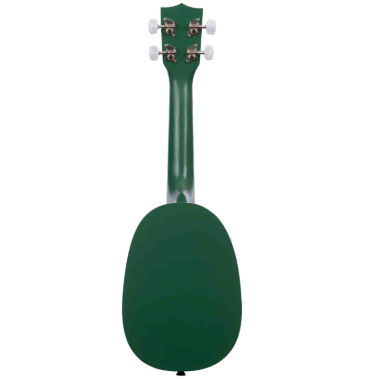 The image shows a small, four-string ukulele with a solid green finish and a distinctive pineapple-shaped body. It features four tuning pegs with white buttons, a rounded, compact design, and a glossy or satin appearance. This ukulele type is known for its warm, mellow tone and fuller sound, commonly used in Hawaiian and folk music.