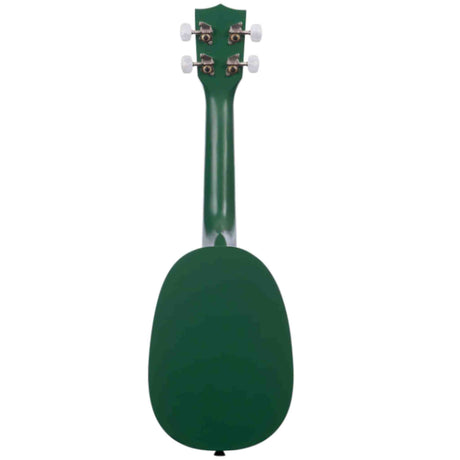 The image shows a small, four-string ukulele with a solid green finish and a distinctive pineapple-shaped body. It features four tuning pegs with white buttons, a rounded, compact design, and a glossy or satin appearance. This ukulele type is known for its warm, mellow tone and fuller sound, commonly used in Hawaiian and folk music.
