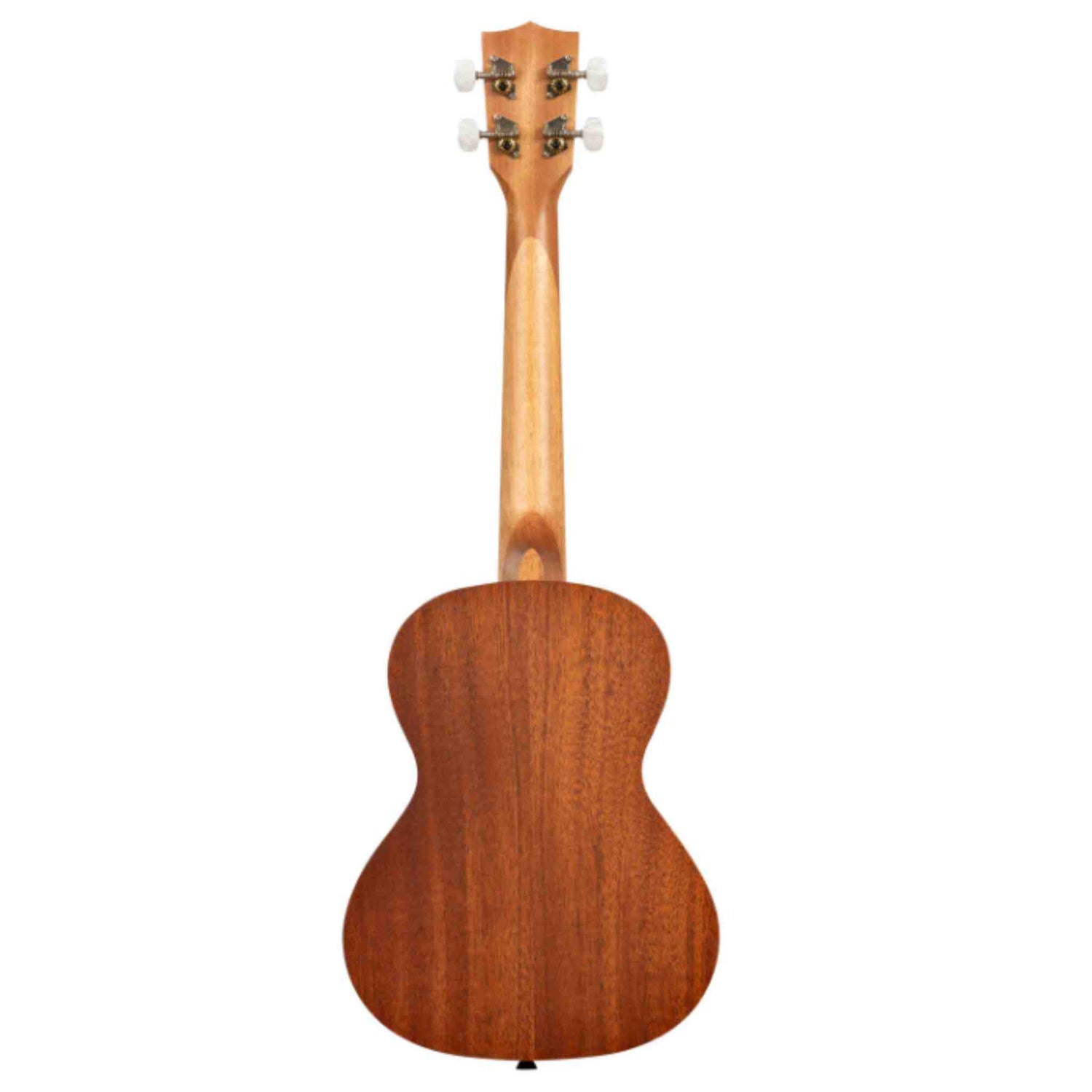 The image shows the back of a natural wood ukulele with a warm, golden-brown finish highlighting the wood grain. It features four tuning pegs on the headstock, a sleek neck, and the small, rounded body typical of concert or tenor-sized ukuleles. The instrument has a clean, quality design and is photographed against a white background, suggesting it is an intermediate to professional-level model.