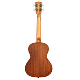 The image shows the back of a natural wood ukulele with a warm, golden-brown finish highlighting the wood grain. It features four tuning pegs on the headstock, a sleek neck, and the small, rounded body typical of concert or tenor-sized ukuleles. The instrument has a clean, quality design and is photographed against a white background, suggesting it is an intermediate to professional-level model.