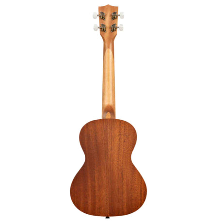 The image shows the back of a natural wood ukulele with a warm, golden-brown finish highlighting the wood grain. It features four tuning pegs on the headstock, a sleek neck, and the small, rounded body typical of concert or tenor-sized ukuleles. The instrument has a clean, quality design and is photographed against a white background, suggesting it is an intermediate to professional-level model.