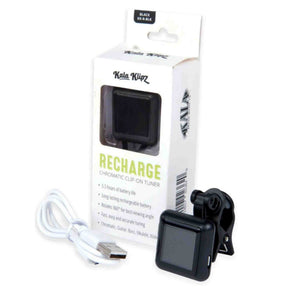 The image shows a Kala Klipz "Recharge" chromatic clip-on tuner by Kala. It features a black rechargeable design with an LCD screen, clips onto instrument headstocks, and includes a USB charging cable. The packaging highlights 5.5 hours of battery life, 360° rotation, and tuning modes for chromatic, guitar, bass, ukulele, and violin. This compact tuner is eco-friendly, versatile, and easy to use.