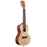 The image shows a beautifully crafted ukulele with 4 strings and a traditional, compact body. It has a light-colored wooden soundboard and darker wood back and sides. The soundboard features intricate laser-engraved geometric and sun-like designs, along with a small logo. Chrome tuning pegs, a dark fretboard with markers, and a standard bridge complete the instrument, likely a concert or tenor size, blending art and functionality.