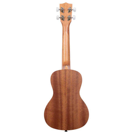 The image shows the back of a small, four-string ukulele with a natural wood finish, likely mahogany. It features four tuning pegs (two on each side), a smooth polished body, a neck extending to the headstock, and the traditional compact figure-8 shape. The ukulele is well-crafted, known for its portability and bright sound, commonly used in Hawaiian, folk, and contemporary music.
