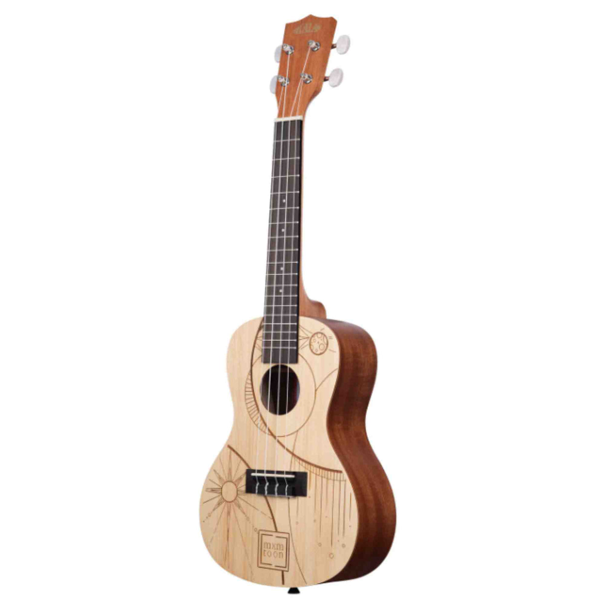 The image shows a concert or tenor ukulele with a light natural wood front and darker mahogany-like back and sides. It has four strings, white tuning pegs, a dark fretboard with markers, and a traditional figure-8 body shape. The soundboard features decorative laser-engraved geometric and floral patterns, along with a small brand logo on the lower bout. The ukulele is photographed against a white background for a product showcase.