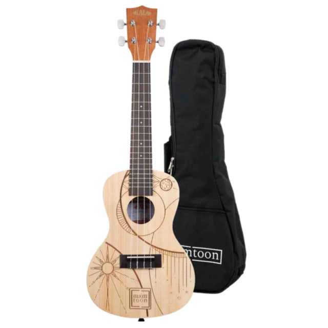 The image shows a light-colored Kala soprano or concert ukulele with four strings and white tuning pegs. It features a dark fretboard with position markers and a laser-etched bohemian design of sun, moon, and geometric patterns on the body. The ukulele is accompanied by a black padded gig bag displaying the word "moon," forming a complete starter set or retail package.