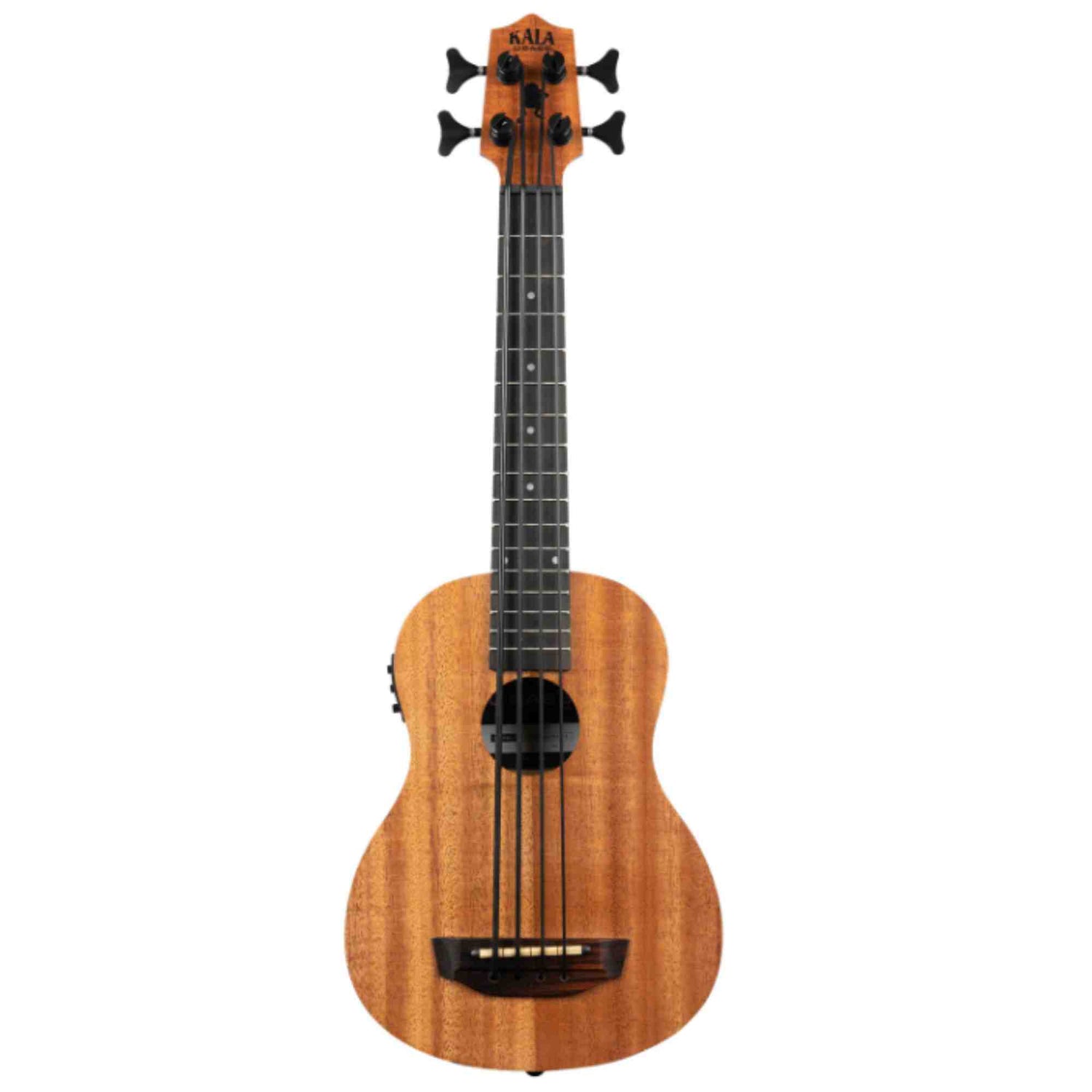 The image shows a KALA ukulele bass with a compact mahogany body, four thick bass strings, black tuning pegs, and a dark fretboard with position markers. It features a traditional round sound hole with a decorative rosette. Combining the size of a ukulele with bass guitar range, this instrument is portable yet produces deep tones, aided by built-in pickup electronics for amplification.