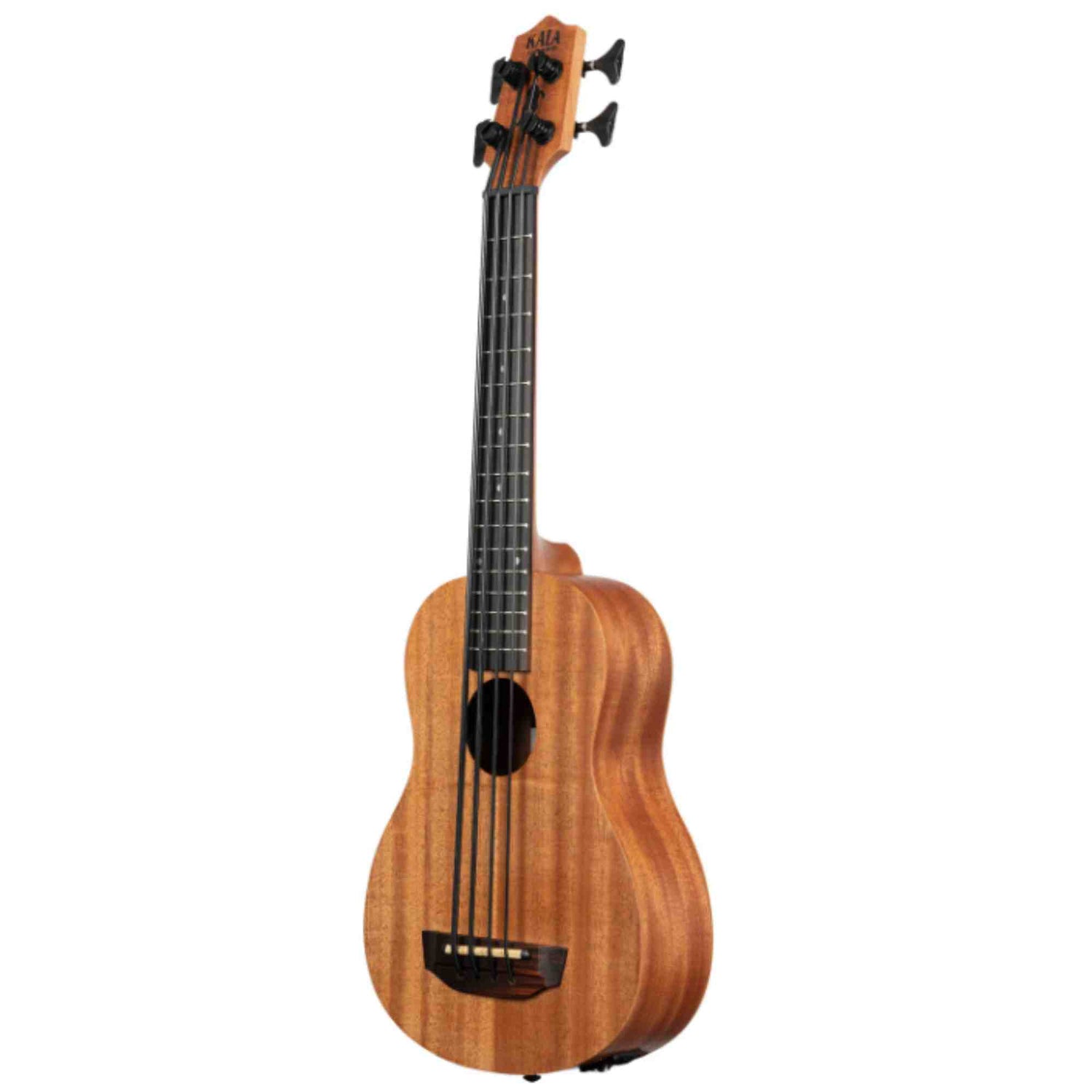 The image shows a bass ukulele, a compact string instrument with the body shape of a traditional ukulele and the low range of a bass guitar. It features natural wood with visible grain, four thick strings, black tuning pegs, a sound hole, a black bridge, and a fretted neck with a dark fretboard. This instrument offers portability with bass tones, using special strings to achieve its deep sound.