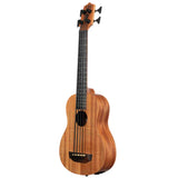 The image shows a bass ukulele, a compact string instrument with the body shape of a traditional ukulele and the low range of a bass guitar. It features natural wood with visible grain, four thick strings, black tuning pegs, a sound hole, a black bridge, and a fretted neck with a dark fretboard. This instrument offers portability with bass tones, using special strings to achieve its deep sound.