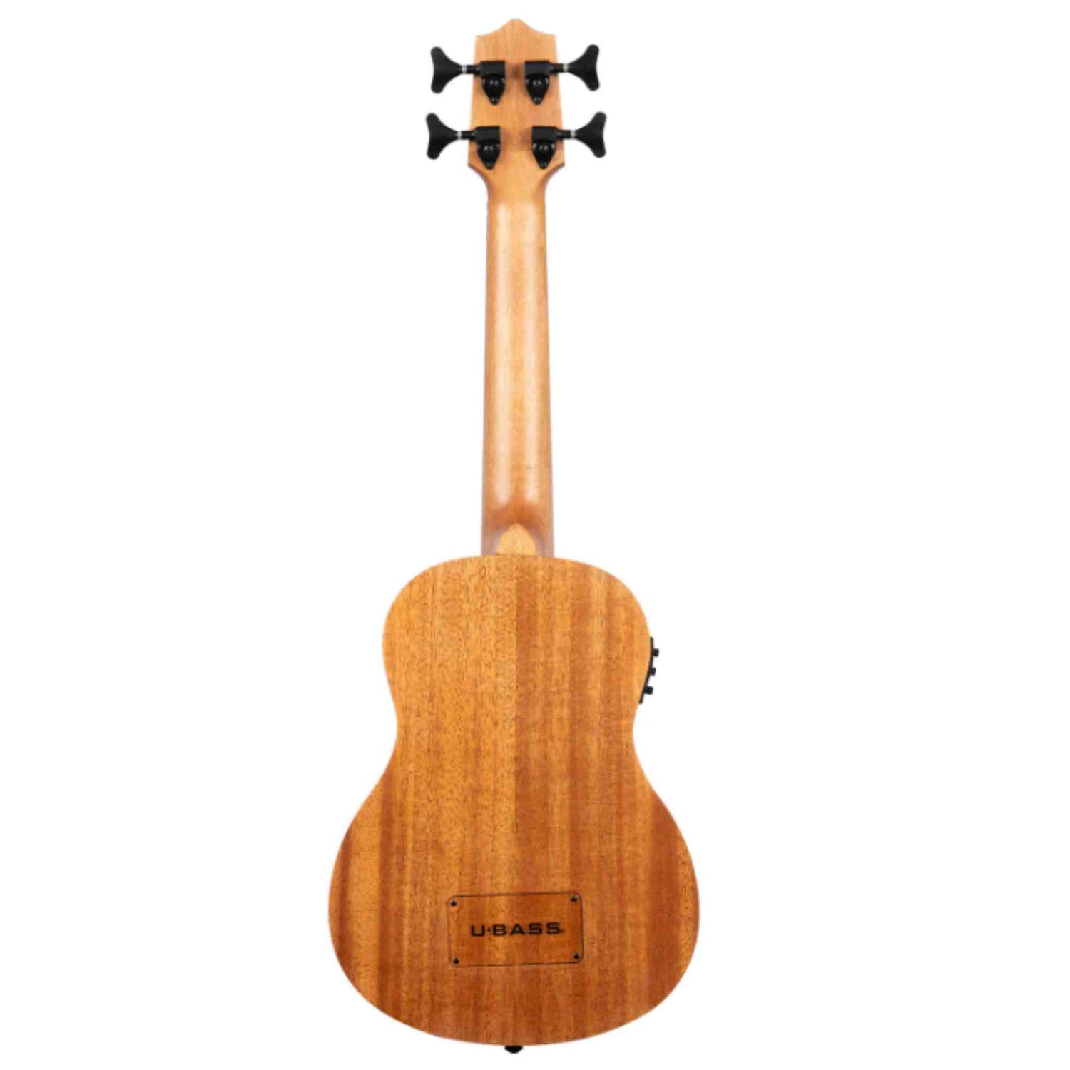 The image shows a U-BASS, a compact string instrument combining a ukulele's size and shape with a bass guitar's functionality. It features four black geared tuning pegs, a natural light wood finish with visible grain, and the traditional ukulele body silhouette. The U-BASS branding is visible on the back. Known for its portability and deep bass tone, it uses special strings to produce rich bass sounds despite its small size.