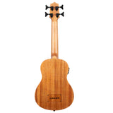 The image shows a U-BASS, a compact string instrument combining a ukulele's size and shape with a bass guitar's functionality. It features four black geared tuning pegs, a natural light wood finish with visible grain, and the traditional ukulele body silhouette. The U-BASS branding is visible on the back. Known for its portability and deep bass tone, it uses special strings to produce rich bass sounds despite its small size.