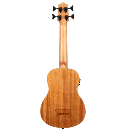 The image shows a U-BASS, a compact string instrument combining a ukulele's size and shape with a bass guitar's functionality. It features four black geared tuning pegs, a natural light wood finish with visible grain, and the traditional ukulele body silhouette. The U-BASS branding is visible on the back. Known for its portability and deep bass tone, it uses special strings to produce rich bass sounds despite its small size.