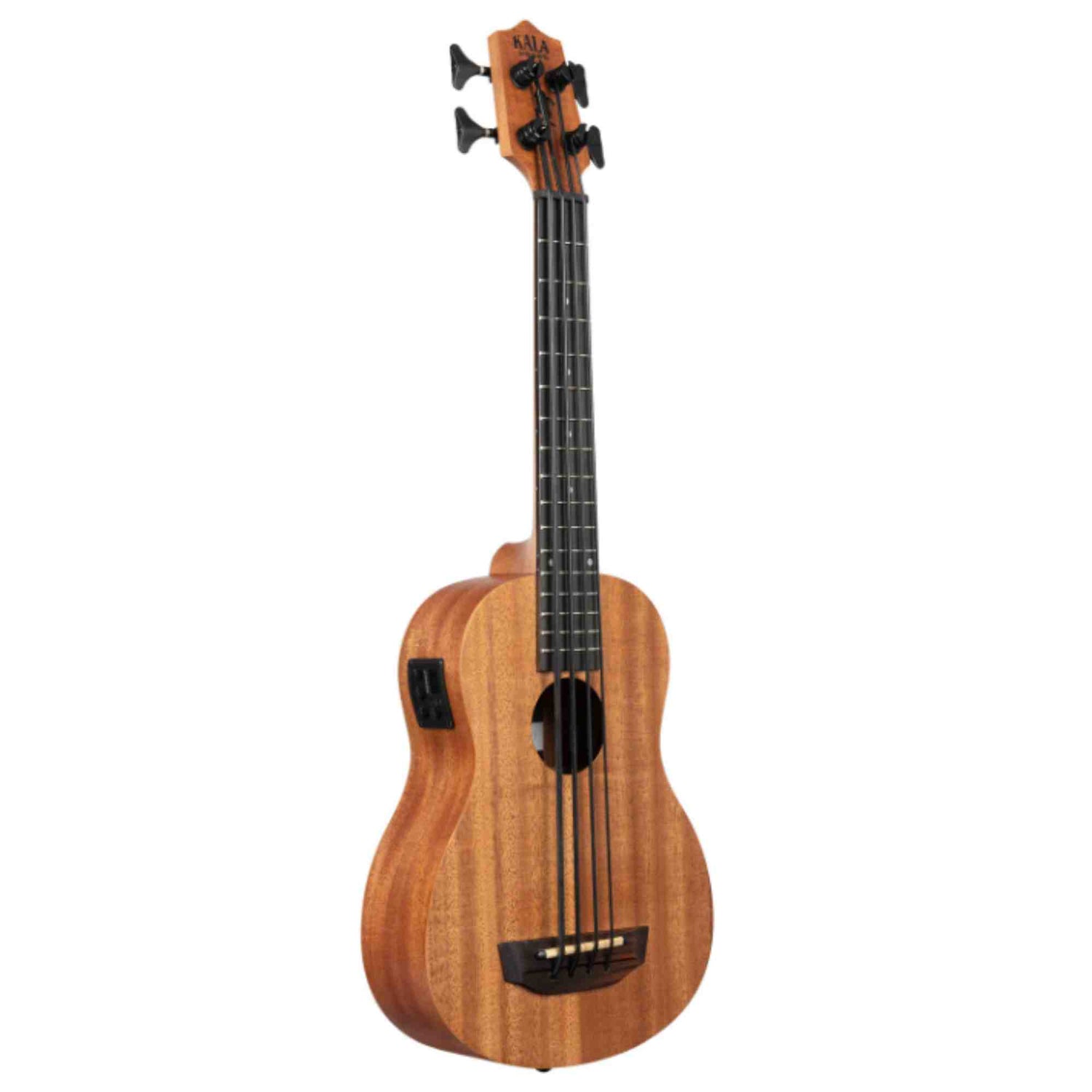 The image shows a Kala bass ukulele with a warm, reddish-brown wooden body, likely mahogany or koa. It features four thick bass strings, a dark fretboard with markers, black tuning pegs, and a black bridge. This acoustic-electric instrument includes a visible pickup on the side, combining the size of a ukulele with deep bass tones for versatile unplugged or amplified play.