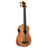 The image shows a Kala bass ukulele with a warm, reddish-brown wooden body, likely mahogany or koa. It features four thick bass strings, a dark fretboard with markers, black tuning pegs, and a black bridge. This acoustic-electric instrument includes a visible pickup on the side, combining the size of a ukulele with deep bass tones for versatile unplugged or amplified play.